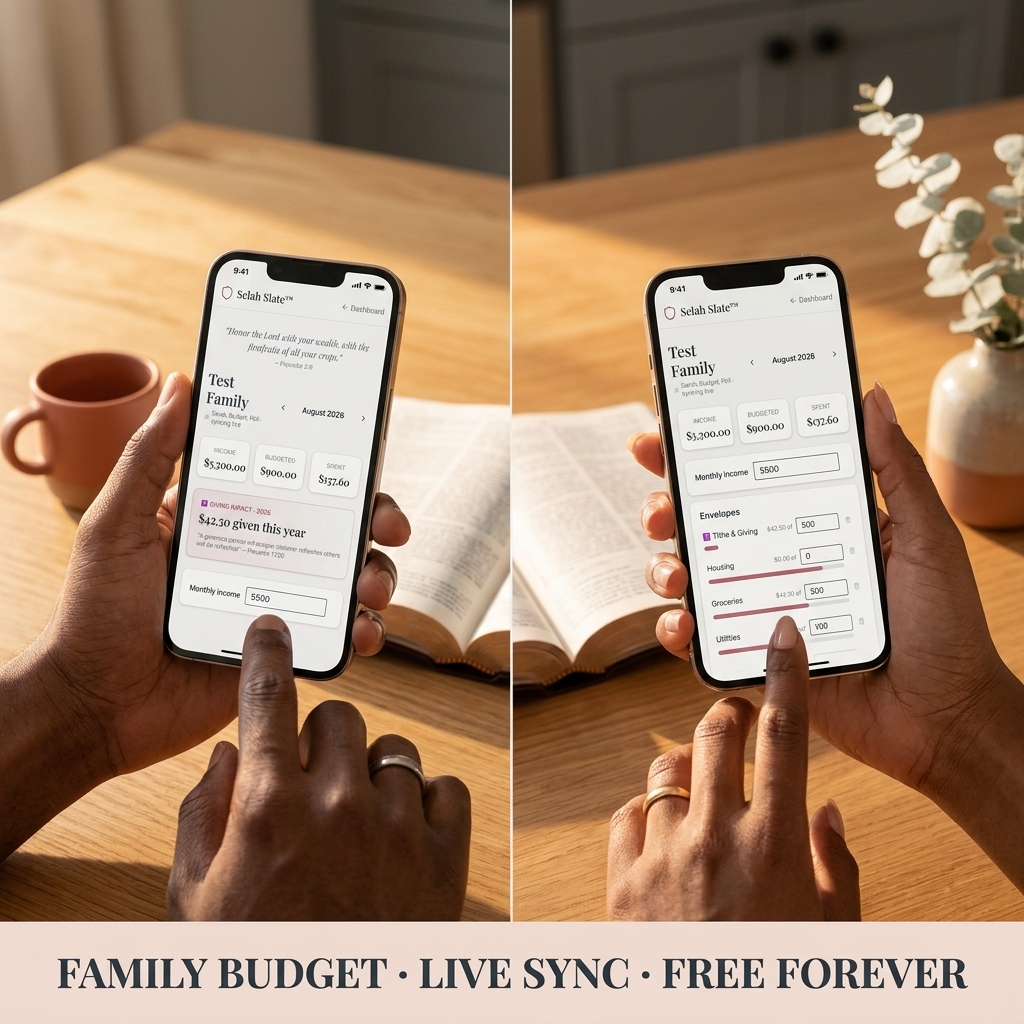 Selah Slate Family Budget on two phones — live sync across your household